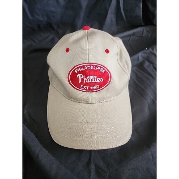 PHILADELPHIA PHILLIES BASEBALL CAP Tan Hat Elastic Cap Trucker Chrylser Jeep - Picture 1 of 5
